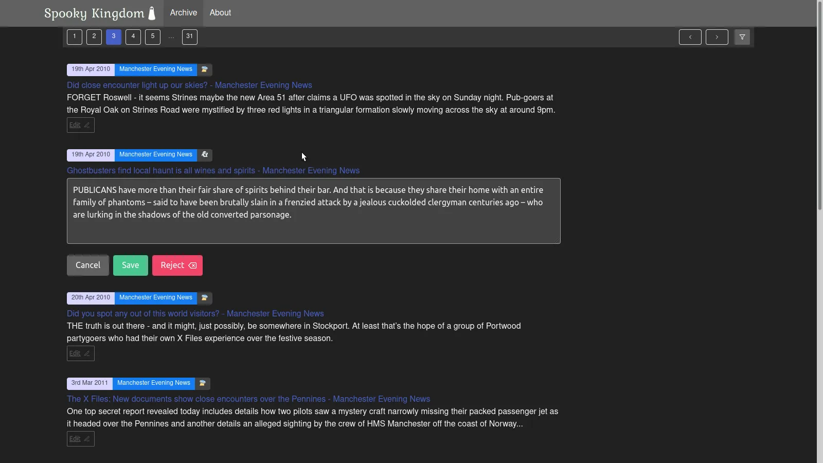 Screenshot of the admin edit controls on spookykingdom.co.uk